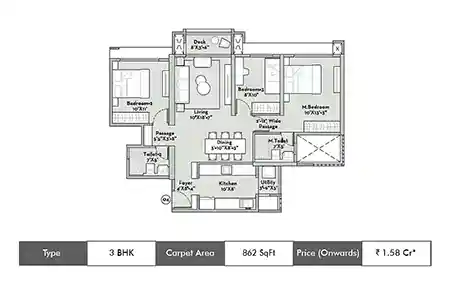 3 BHK 862 SqFt